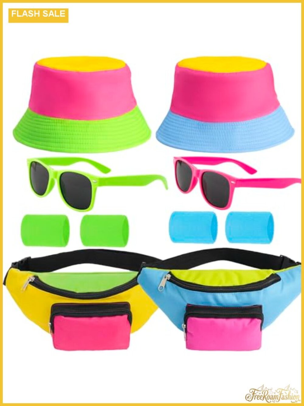 Neon 80s 90s Costume Set Fanny Pack Bucket Hat Glasses Wristlet Party Outfit